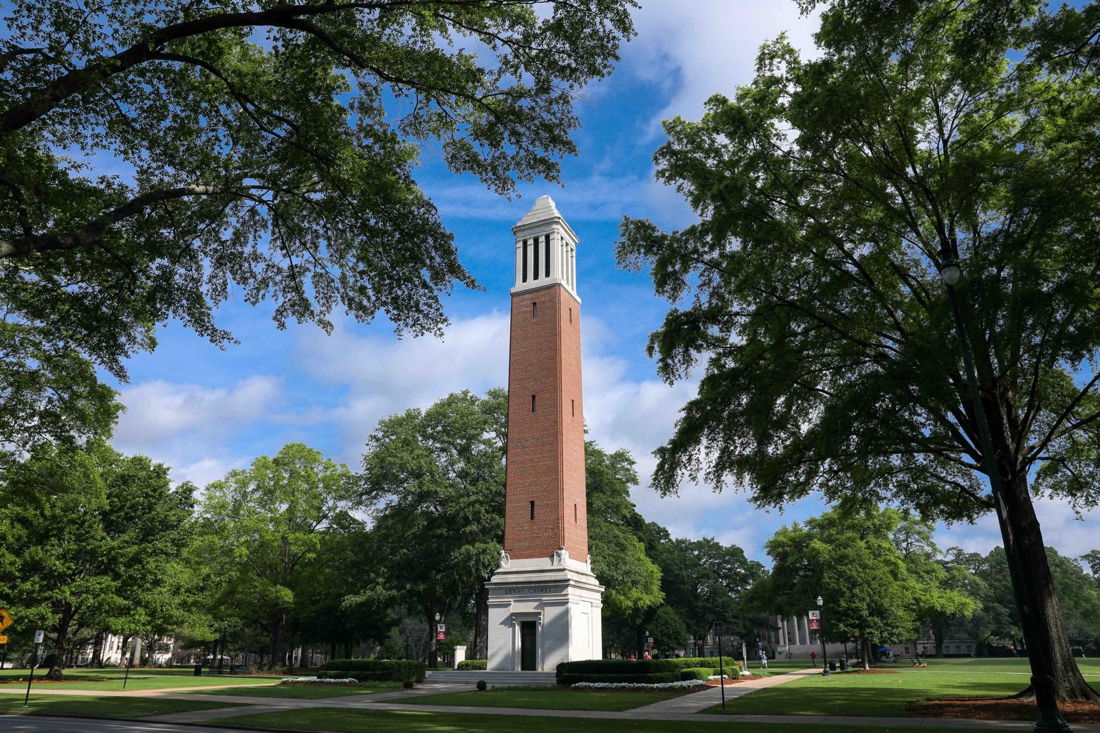 Denny Chimes framed by oaks