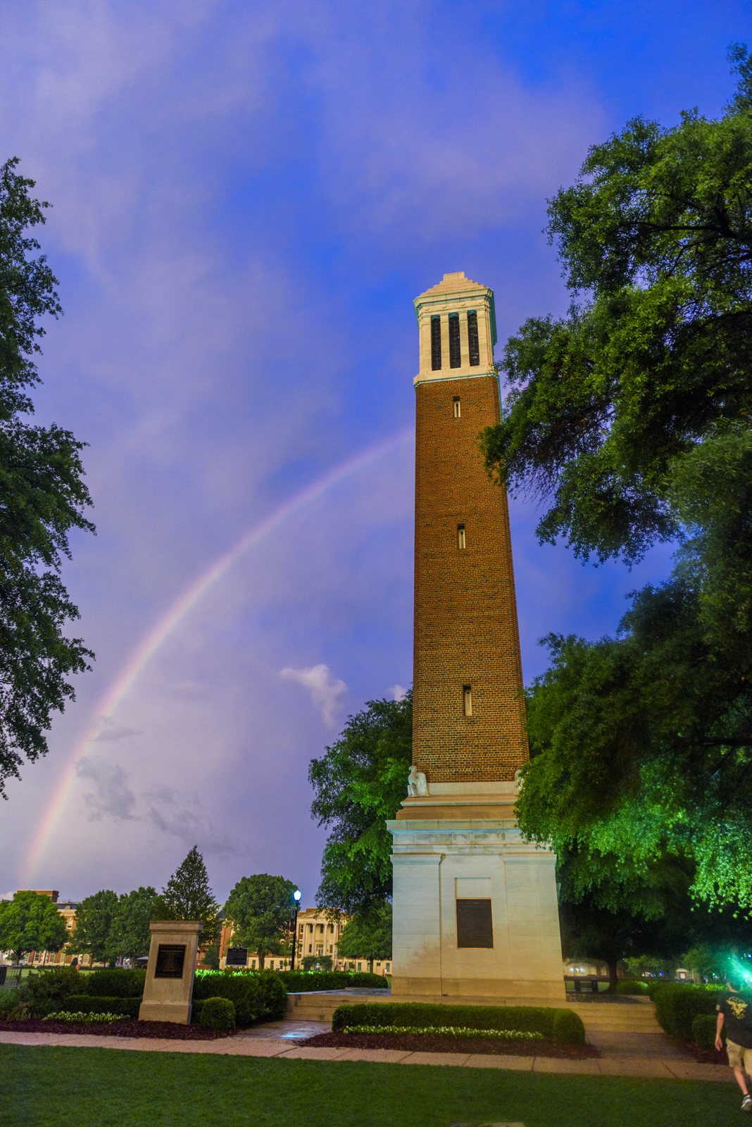 Denny Chimes at golden hour with a rainbow, The University of Alabama